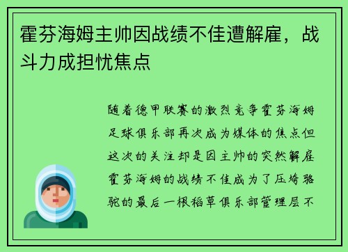 霍芬海姆主帅因战绩不佳遭解雇，战斗力成担忧焦点